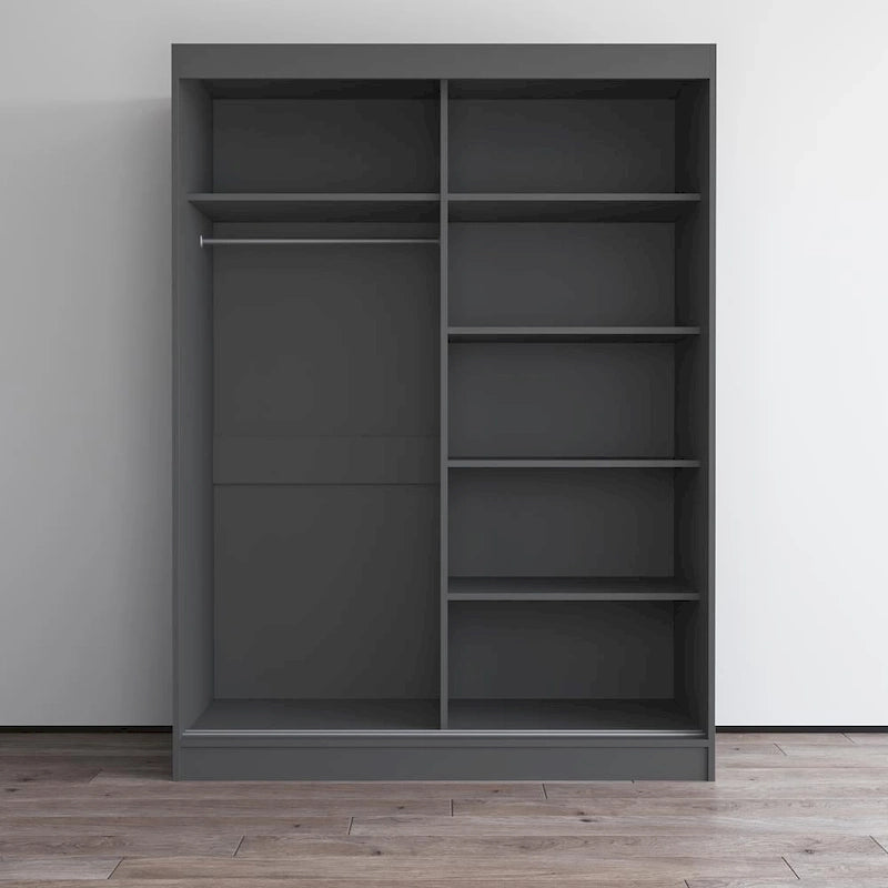 Modern Mirrored 2-Door Wardrobe Armoire - High-Gloss Finish, 6 Shelves, Hanging Rod - 47"W x 79"H Contemporary Storage