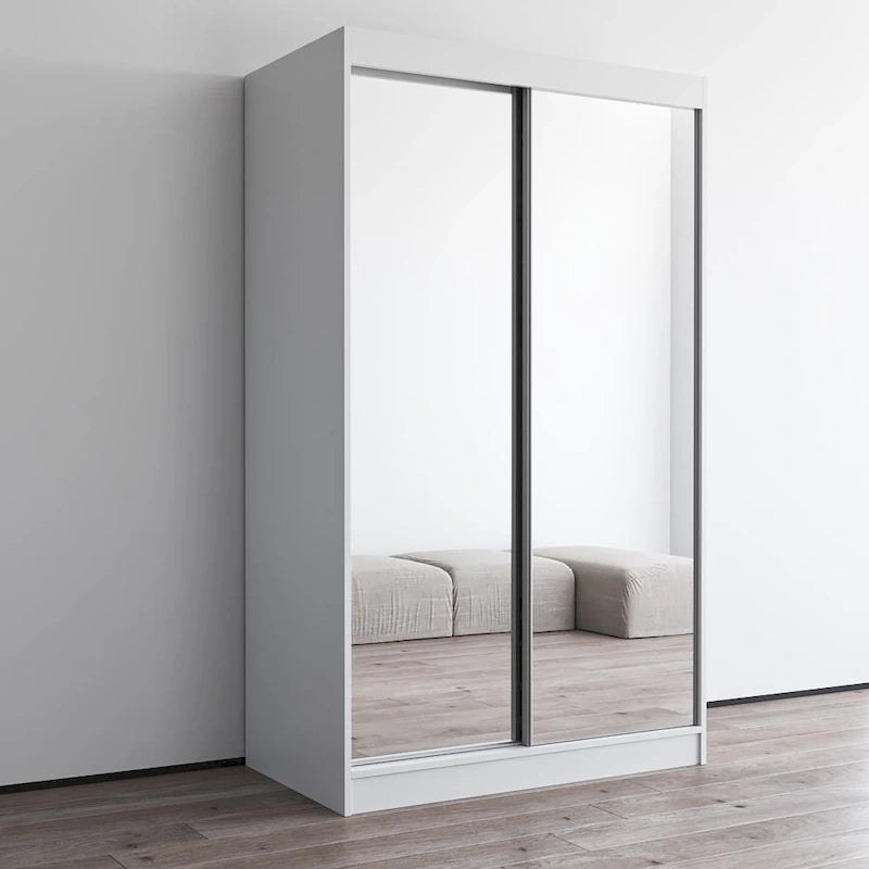 Modern Mirrored 2-Door Wardrobe Armoire - High-Gloss Finish, 6 Shelves, Hanging Rod - 47"W x 79"H Contemporary Storage