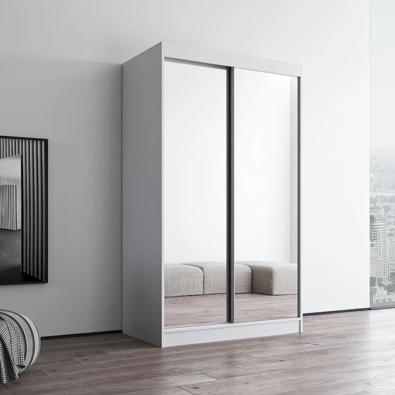 Modern Mirrored 2-Door Wardrobe Armoire - High-Gloss Finish, 6 Shelves, Hanging Rod - 47"W x 79"H Contemporary Storage