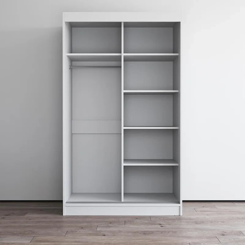 Modern Mirrored 2-Door Wardrobe Armoire - High-Gloss Finish, 6 Shelves, Hanging Rod - 47"W x 79"H Contemporary Storage