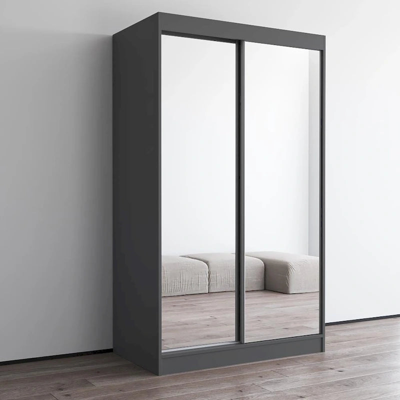 Modern Mirrored 2-Door Wardrobe Armoire - High-Gloss Finish, 6 Shelves, Hanging Rod - 47"W x 79"H Contemporary Storage
