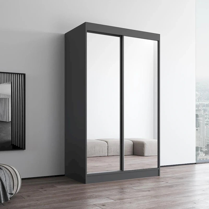 Modern Mirrored 2-Door Wardrobe Armoire - High-Gloss Finish, 6 Shelves, Hanging Rod - 47"W x 79"H Contemporary Storage