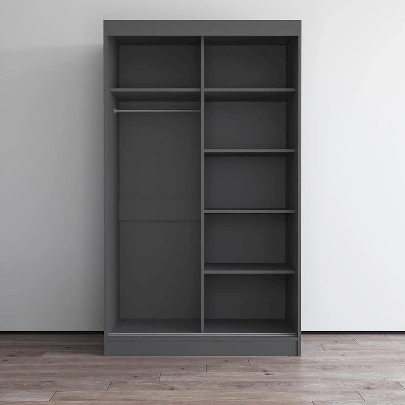Modern Mirrored 2-Door Wardrobe Armoire - High-Gloss Finish, 6 Shelves, Hanging Rod - 47"W x 79"H Contemporary Storage