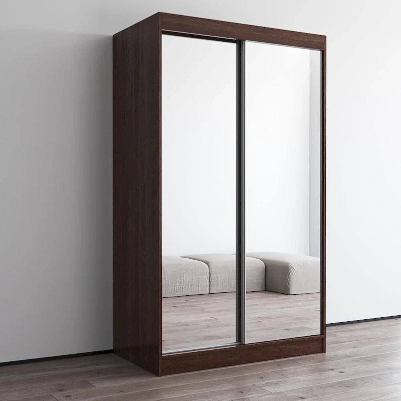 Modern Mirrored 2-Door Wardrobe Armoire - High-Gloss Finish, 6 Shelves, Hanging Rod - 47"W x 79"H Contemporary Storage