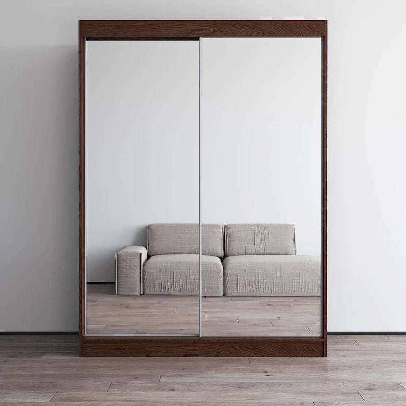 Modern Mirrored 2-Door Wardrobe Armoire - High-Gloss Finish, 6 Shelves, Hanging Rod - 47"W x 79"H Contemporary Storage