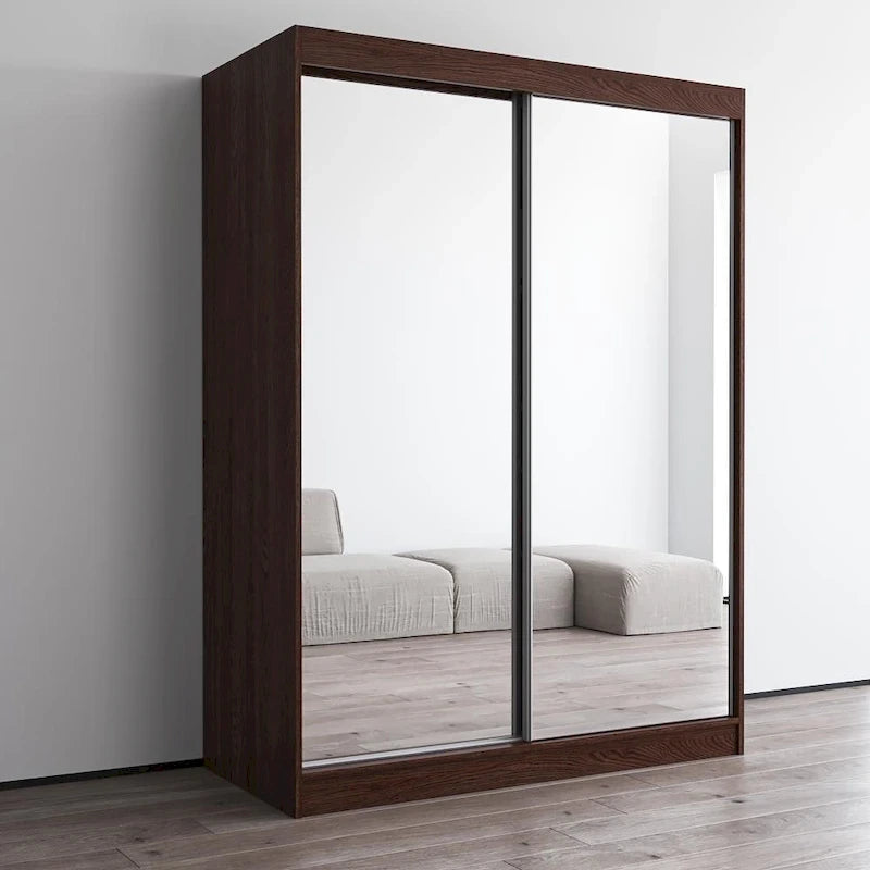 Modern Mirrored 2-Door Wardrobe Armoire - High-Gloss Finish, 6 Shelves, Hanging Rod - 47"W x 79"H Contemporary Storage