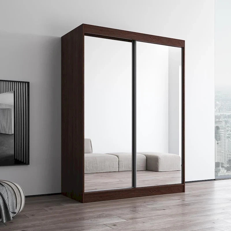 Modern Mirrored 2-Door Wardrobe Armoire - High-Gloss Finish, 6 Shelves, Hanging Rod - 47"W x 79"H Contemporary Storage
