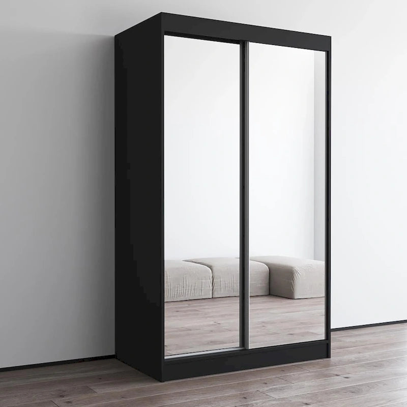 Modern Mirrored 2-Door Wardrobe Armoire - High-Gloss Finish, 6 Shelves, Hanging Rod - 47"W x 79"H Contemporary Storage