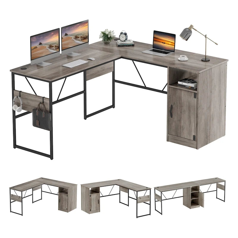 60 Inch L-Shaped Corner Desk with Storage Cabinet & Reversible Shelves for Home Office