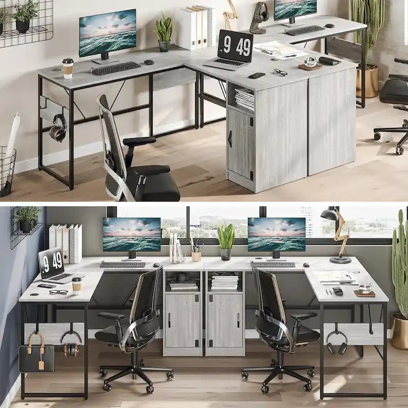 60 Inch L-Shaped Corner Desk with Storage Cabinet & Reversible Shelves for Home Office