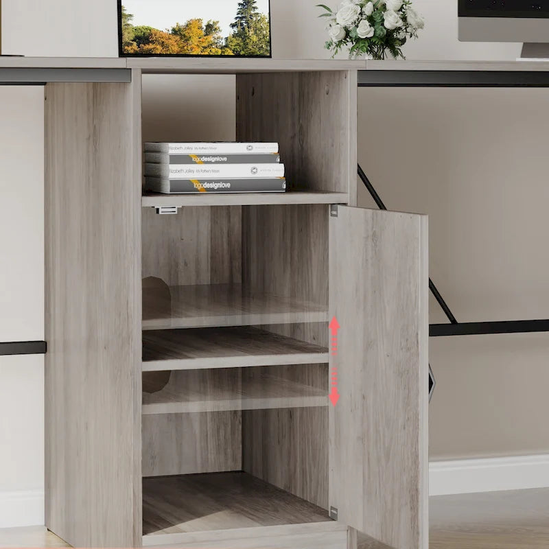 60 Inch L-Shaped Corner Desk with Storage Cabinet & Reversible Shelves for Home Office