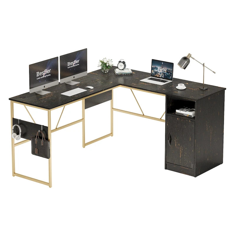 60 Inch L-Shaped Corner Desk with Storage Cabinet & Reversible Shelves for Home Office