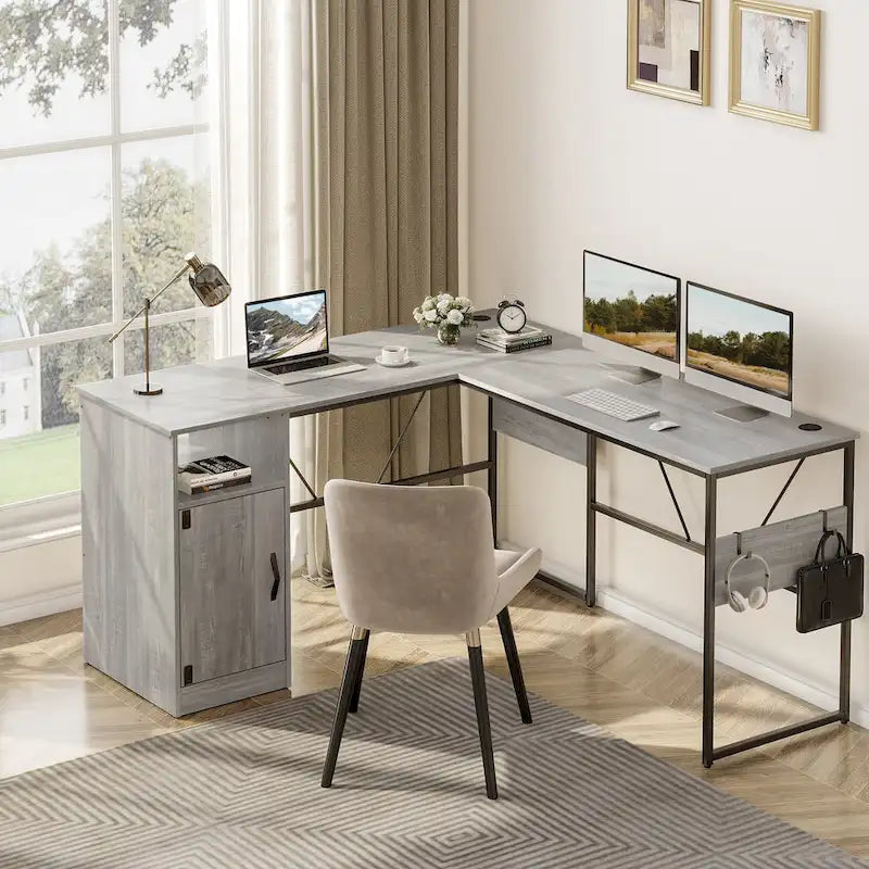60 Inch L-Shaped Corner Desk with Storage Cabinet & Reversible Shelves for Home Office
