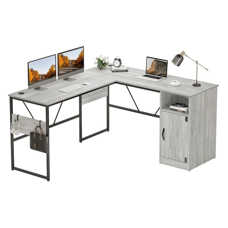 60 Inch L-Shaped Corner Desk with Storage Cabinet & Reversible Shelves for Home Office