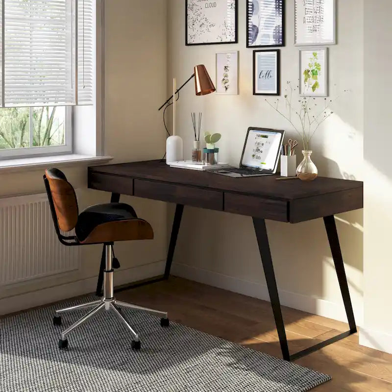 Modern Industrial 54 inch Wide Desk with Keyboard Tray and 2 Drawers - Solid Wood and Metal