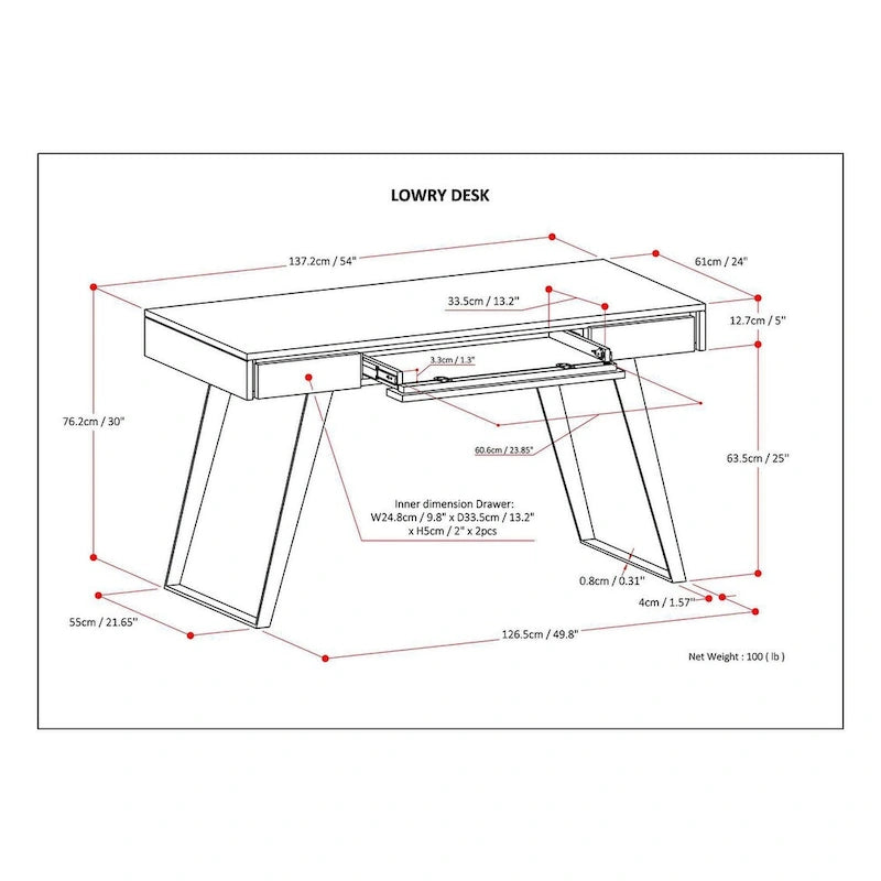 Modern Industrial 54 inch Wide Desk with Keyboard Tray and 2 Drawers - Solid Wood and Metal