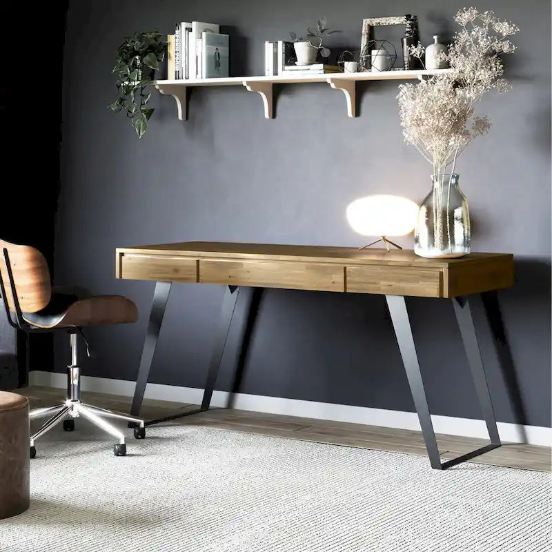 Modern Industrial 54 inch Wide Desk with Keyboard Tray and 2 Drawers - Solid Wood and Metal