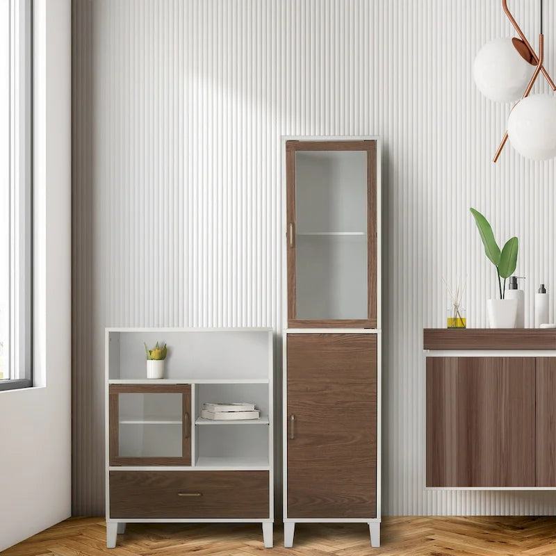 Modern Wooden Floor Storage Cabinet with Glass Door & Drawer - White & Walnut Finish - 13x26x34 inches - Mid-Century Style