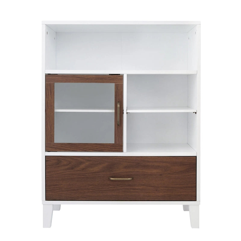 Modern Wooden Floor Storage Cabinet with Glass Door & Drawer - White & Walnut Finish - 13x26x34 inches - Mid-Century Style