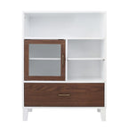 Modern Wooden Floor Storage Cabinet with Glass Door & Drawer - White & Walnut Finish - 13x26x34 inches - Mid-Century Style