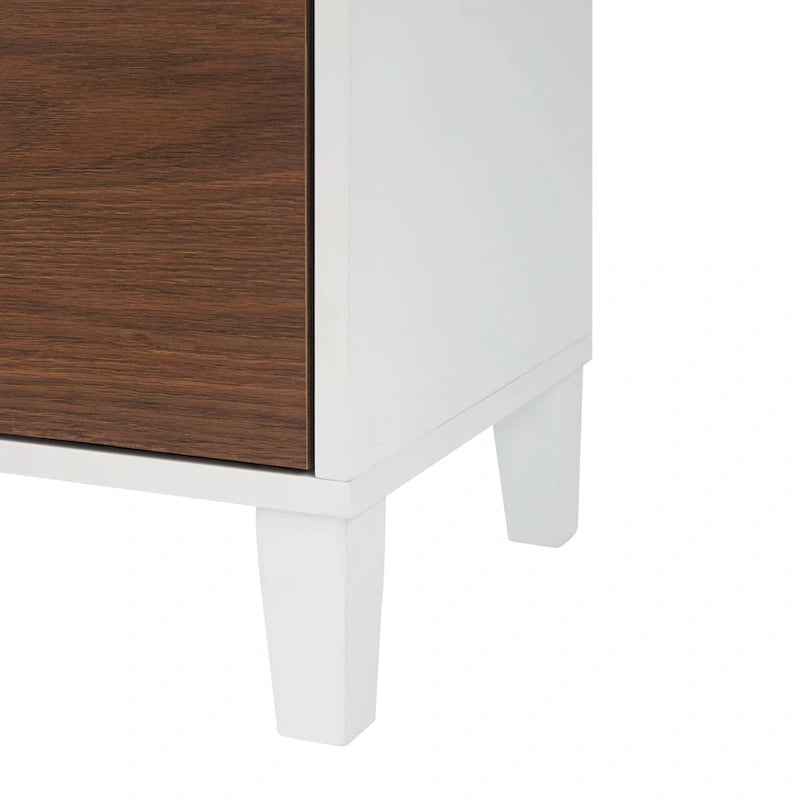 Modern Wooden Floor Storage Cabinet with Glass Door & Drawer - White & Walnut Finish - 13x26x34 inches - Mid-Century Style
