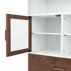Modern Wooden Floor Storage Cabinet with Glass Door & Drawer - White & Walnut Finish - 13x26x34 inches - Mid-Century Style