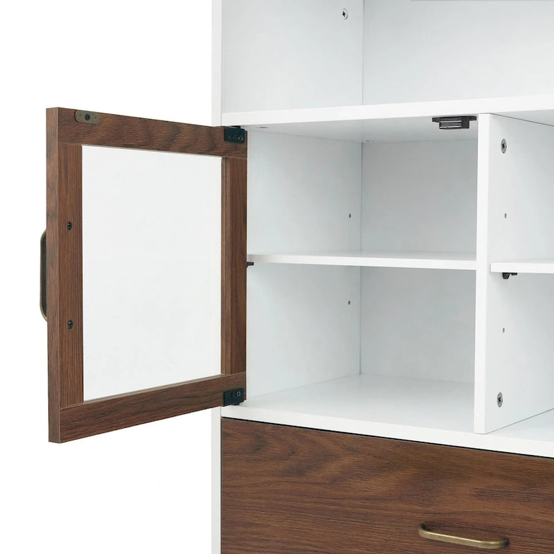 Modern Wooden Floor Storage Cabinet with Glass Door & Drawer - White & Walnut Finish - 13x26x34 inches - Mid-Century Style