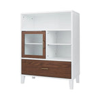 Modern Wooden Floor Storage Cabinet with Glass Door & Drawer - White & Walnut Finish - 13x26x34 inches - Mid-Century Style