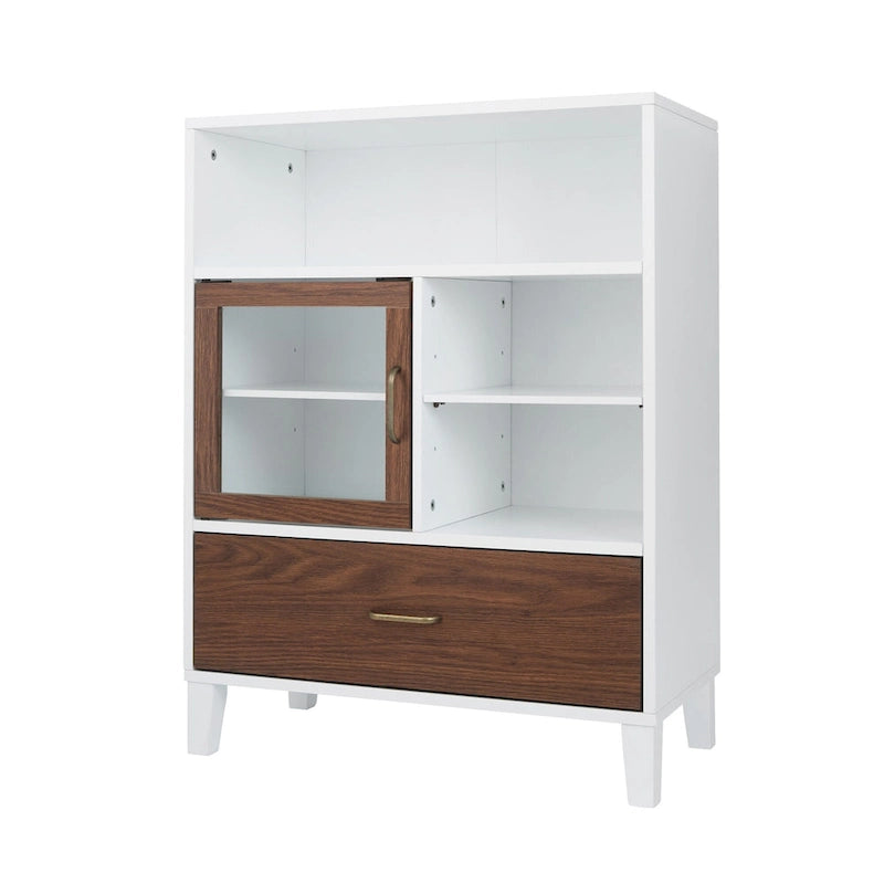 Modern Wooden Floor Storage Cabinet with Glass Door & Drawer - White & Walnut Finish - 13x26x34 inches - Mid-Century Style