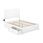 Full Platform Bed with Storage Drawers & Footboard - Mid-Century Modern White Wood Frame with USB Charging Station