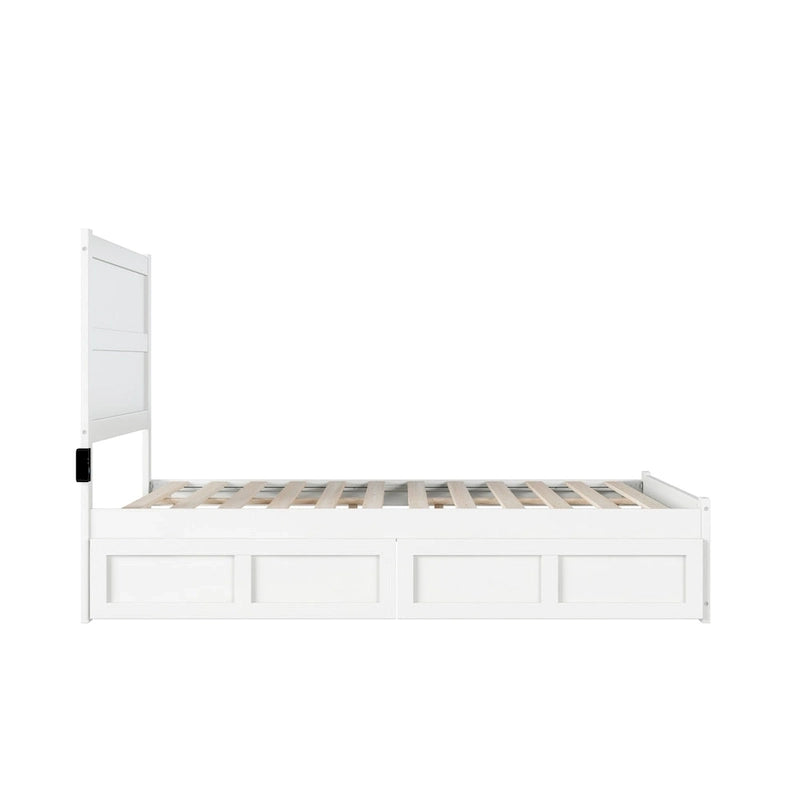 Full Platform Bed with Storage Drawers & Footboard - Mid-Century Modern White Wood Frame with USB Charging Station
