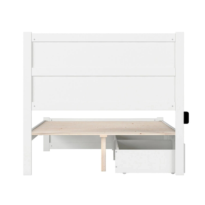 Full Platform Bed with Storage Drawers & Footboard - Mid-Century Modern White Wood Frame with USB Charging Station