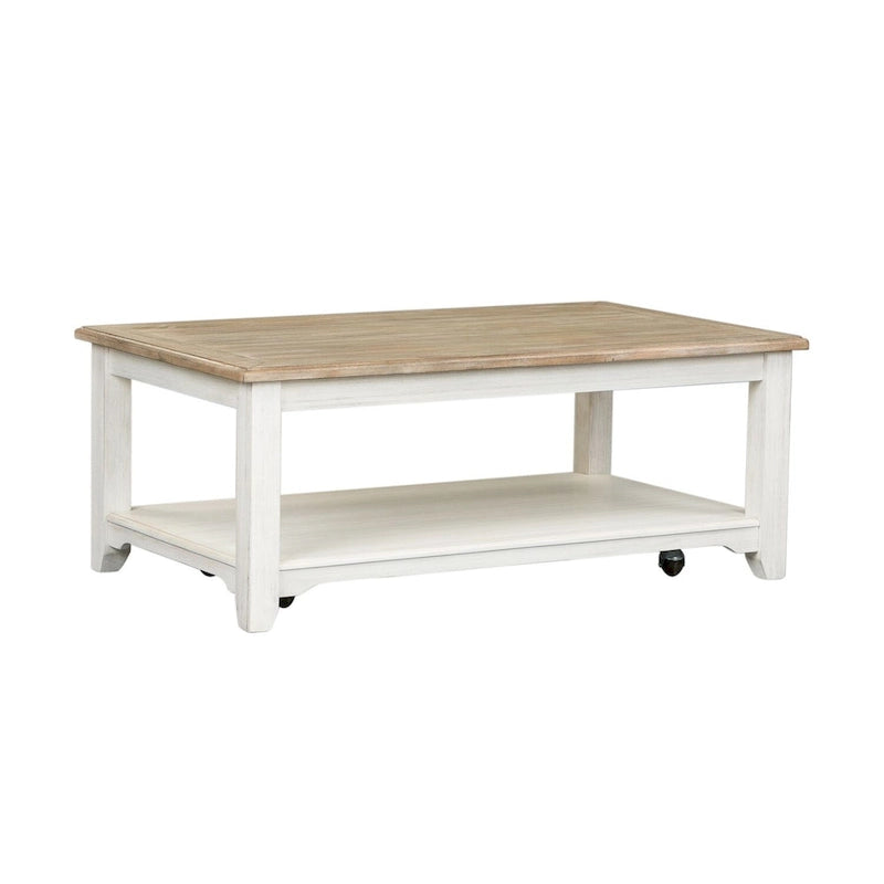 48" Rectangular Coffee Table with Casters - White Wash Finish, Wire Brushed Gray Top, Storage Shelf - Traditional Style
