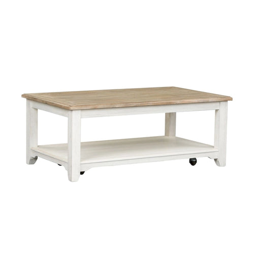 48" Rectangular Coffee Table with Casters - White Wash Finish, Wire Brushed Gray Top, Storage Shelf - Traditional Style
