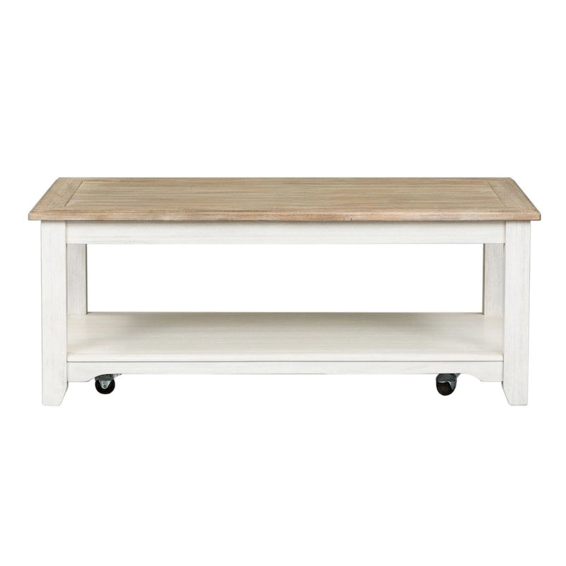 48" Rectangular Coffee Table with Casters - White Wash Finish, Wire Brushed Gray Top, Storage Shelf - Traditional Style