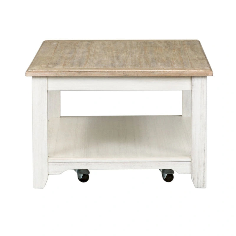 48" Rectangular Coffee Table with Casters - White Wash Finish, Wire Brushed Gray Top, Storage Shelf - Traditional Style