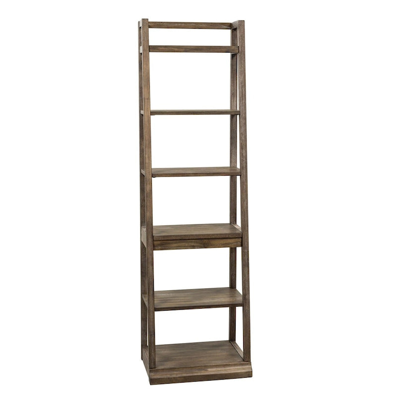 74" Leaning Bookcase with 6 Shelves - Rustic Saddle Brown, White Oak Veneer, Ladder Style Storage