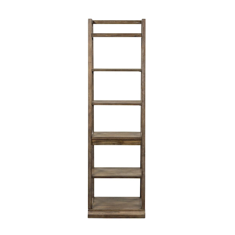 74" Leaning Bookcase with 6 Shelves - Rustic Saddle Brown, White Oak Veneer, Ladder Style Storage