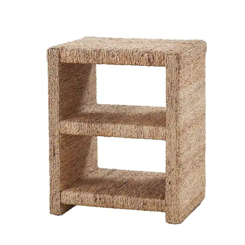 24" Coastal Rattan Side Table with 2 Open Shelves - Natural Grass Rope Weave (19W x 16D x 24H)