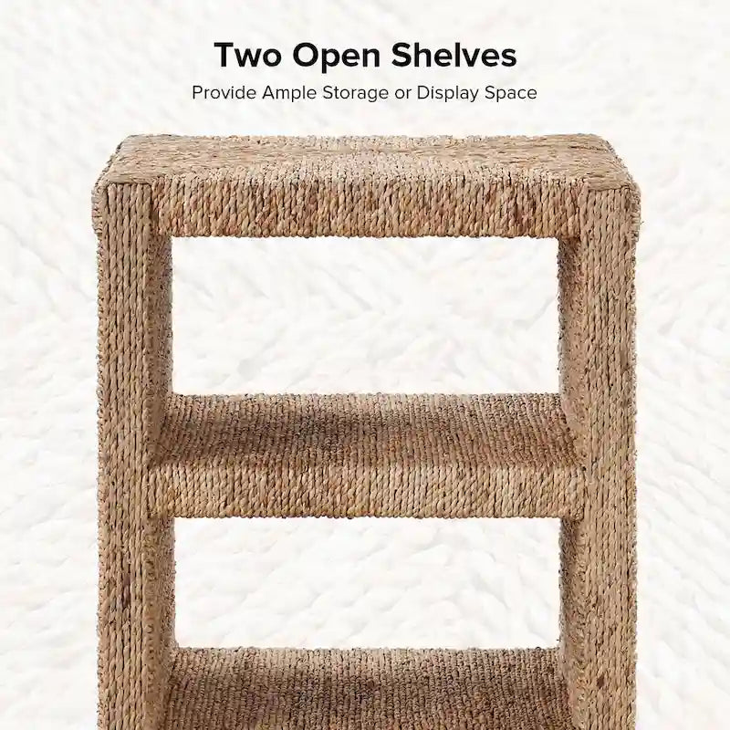24" Coastal Rattan Side Table with 2 Open Shelves - Natural Grass Rope Weave (19W x 16D x 24H)