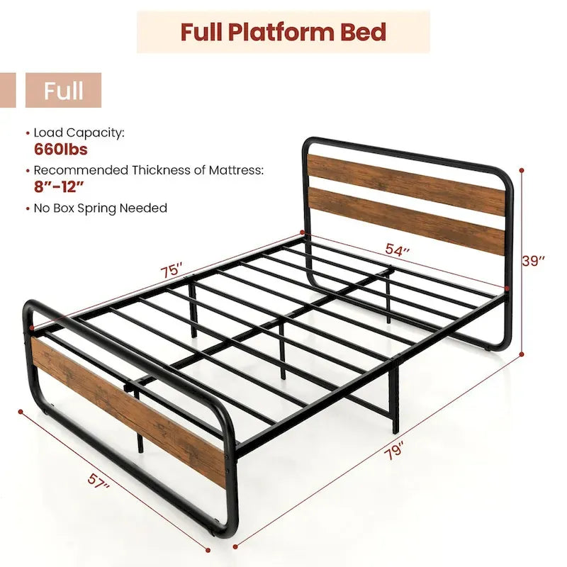Metal Bed Frame - Full/Queen Size, Arc Platform with Headboard & Footboard, 660lbs Capacity, 13" Under Bed Storage, Black