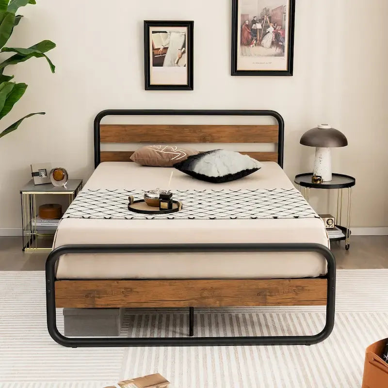 Metal Bed Frame - Full/Queen Size, Arc Platform with Headboard & Footboard, 660lbs Capacity, 13" Under Bed Storage, Black