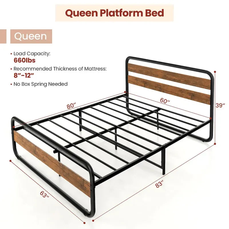 Metal Bed Frame - Full/Queen Size, Arc Platform with Headboard & Footboard, 660lbs Capacity, 13" Under Bed Storage, Black