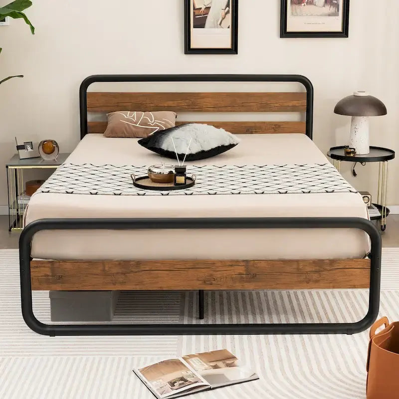 Metal Bed Frame - Full/Queen Size, Arc Platform with Headboard & Footboard, 660lbs Capacity, 13" Under Bed Storage, Black