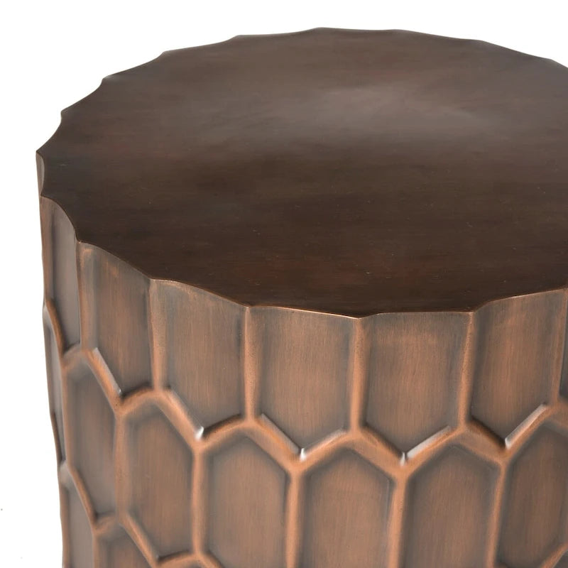 Antique Copper Accent Side Table with Honeycomb Pattern - 15"W x 15"D x 19.5"H - Round Metal End Table