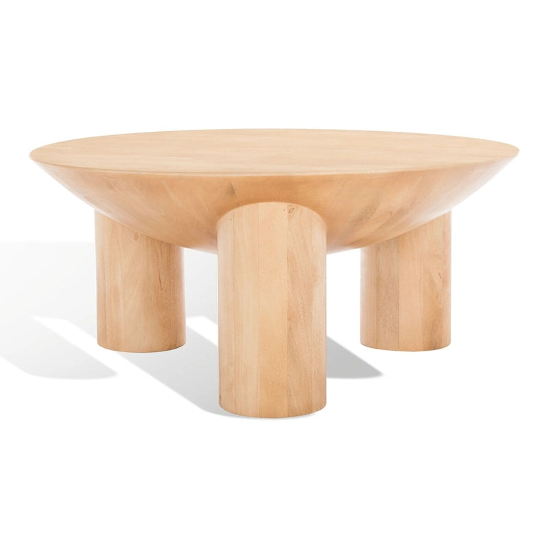Round Wood Coffee Table 35"W x 35"D x 16"H - Solid Mango Wood - 3 Cylindrical Legs - Sculptural Asymmetrical Design