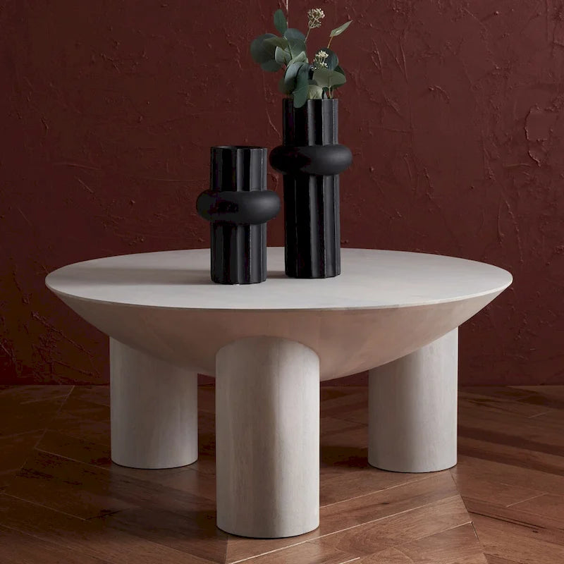 Round Wood Coffee Table 35"W x 35"D x 16"H - Solid Mango Wood - 3 Cylindrical Legs - Sculptural Asymmetrical Design