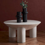 Round Wood Coffee Table 35"W x 35"D x 16"H - Solid Mango Wood - 3 Cylindrical Legs - Sculptural Asymmetrical Design
