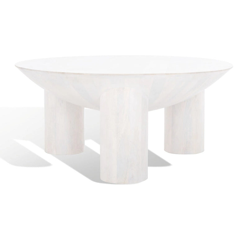 Round Wood Coffee Table 35"W x 35"D x 16"H - Solid Mango Wood - 3 Cylindrical Legs - Sculptural Asymmetrical Design