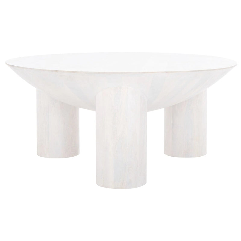 Round Wood Coffee Table 35"W x 35"D x 16"H - Solid Mango Wood - 3 Cylindrical Legs - Sculptural Asymmetrical Design